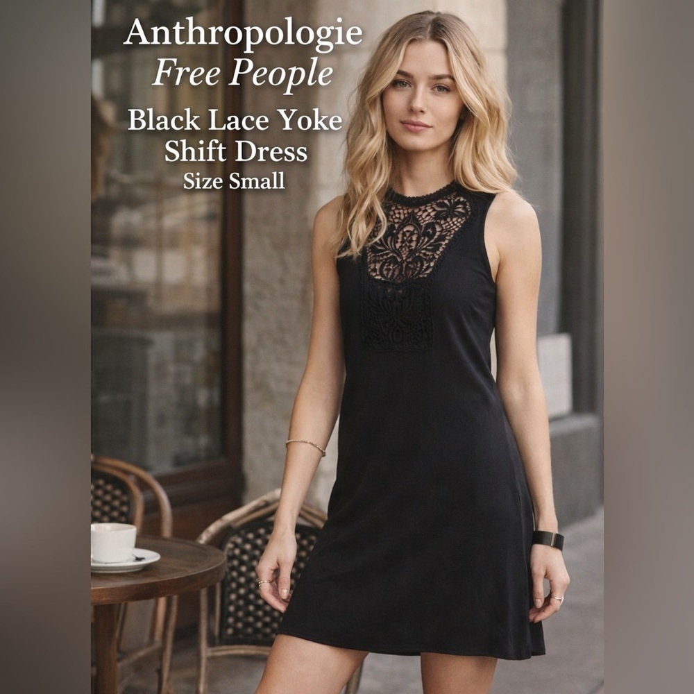 🖤 Anthropologie Free People Black Lace Yoke Shift Dress – Size Small